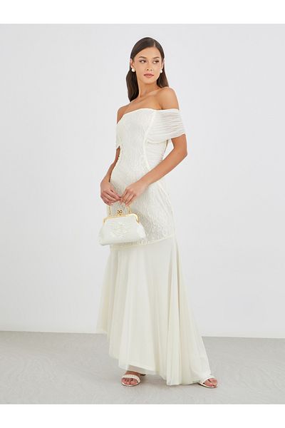 Styli Lace Detail Off Shoulder Asymmetric Hem Maxi Dress