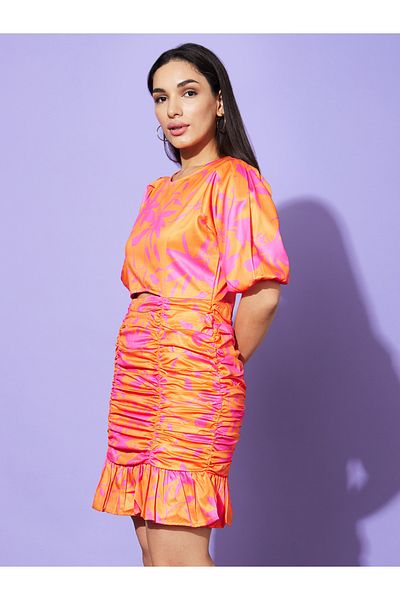 Globus By Styli Women Floral Print Ruched Satin Sheath Mini Dress