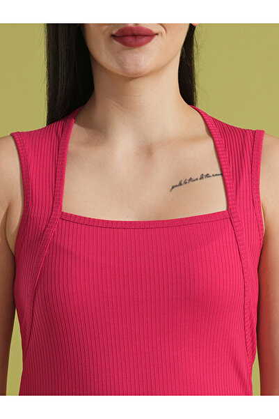 Globus By Styli Women Pink Ribbed Square Neck Sheath Midi Dress with Side Slit