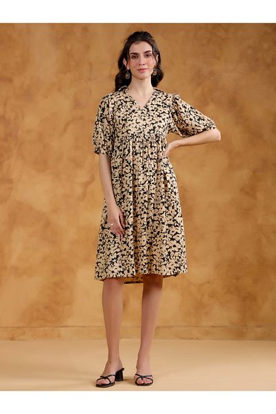 Sanskrutihomes By Styli Women Beige Floral Printed Puff Sleeves Knee-Length Dress