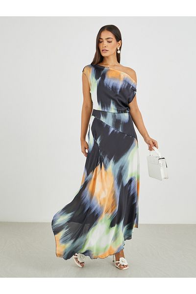 Styli Abstract Print Draped Asymmetric A-Line Maxi Dress