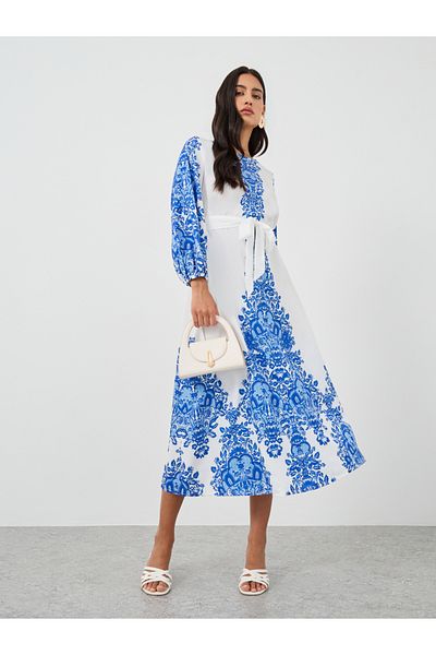 Keenly By Styli Floral Print Tie Waist Round Neck Maxi Dress