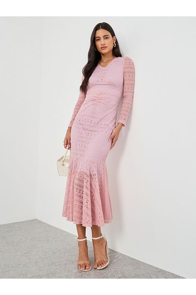 Keenly By Styli Embroidered Lace Long Sleeve Mermaid Hem Midi Dress