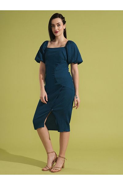 Globus By Styli Women Textured Square Neck Ruched Sheath Midi Dress