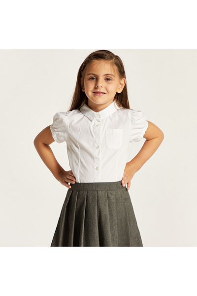 Juniors Solid Shirt With Spread Collar And Puff Sleeves