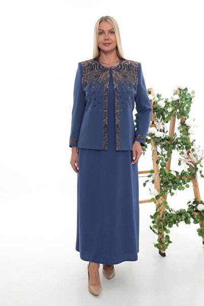 MİSS DİAMOND فستان معطف أزرق مطرز بالحجر بنمط الفهد