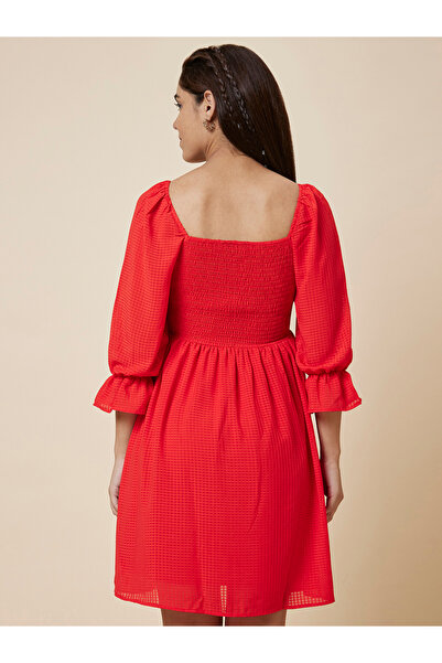 Globus By Styli Women Red Solid Smocked Back A-Line Knee-Length Dress