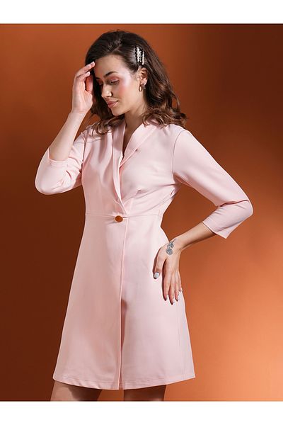 Globus By Styli Women Pink Solid Overlap Shawl Lapel Solid Blazer Mini Dress