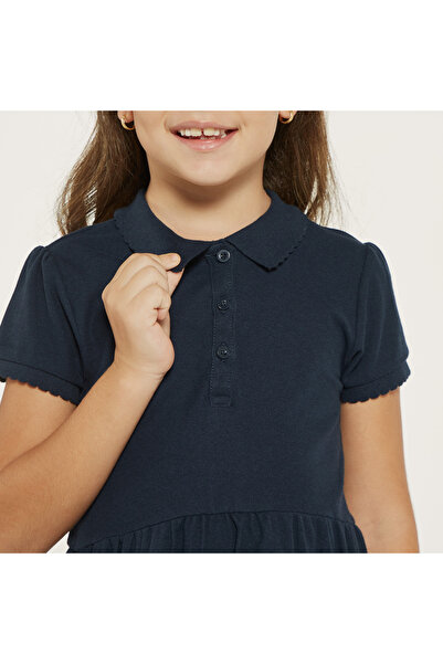 Juniors Solid Polo Dress With Short Sleeves And Button Closure