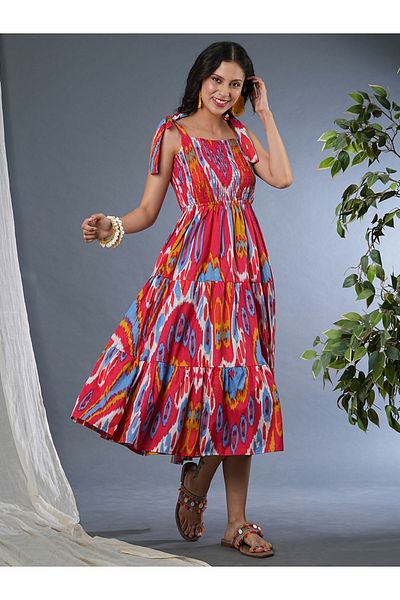 Globus By Styli Women All-Over Print Tie-Up Sleeve A-Line Midi Dress