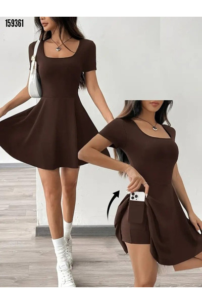 Modayakamoz Kadın Dalgıç Kumaş Cepli Kısa Kollu Kare Yaka Elbise – Short Detaylı