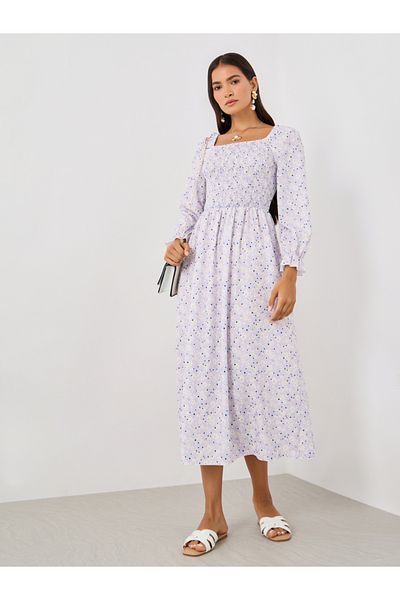Take Two By Styli Women Purple Floral Print Square Neck Smocked A-Line Midi Dress