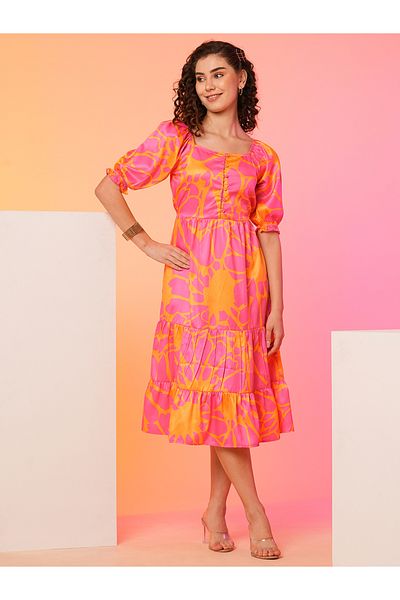 Globus By Styli Women Floral Printed Puff Sleeves A-Line Midi Dress