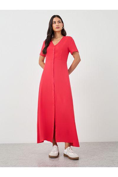 Styli Solid Short Sleeves A-Line Maxi Dress