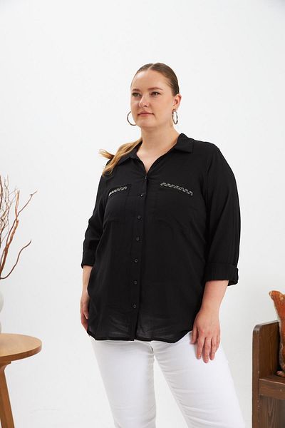 RMG Chain Embroidery Detail Large Size Shirt Black