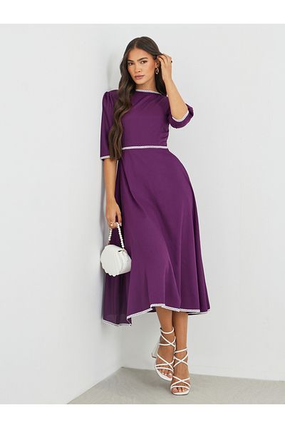 Maxim Creation By Styli Solid Boat Neck A-Line Dress with Lace Trim