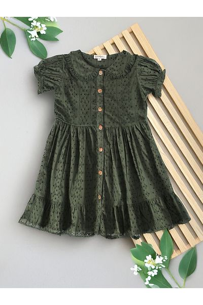 Bella Moda By Styli Solid Schiffli Puff Sleeves Dress with Button Front