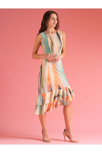 Globus By Styli Women Abstract Print Ruffled Asymmetric Hem Sheath Midi Dress
