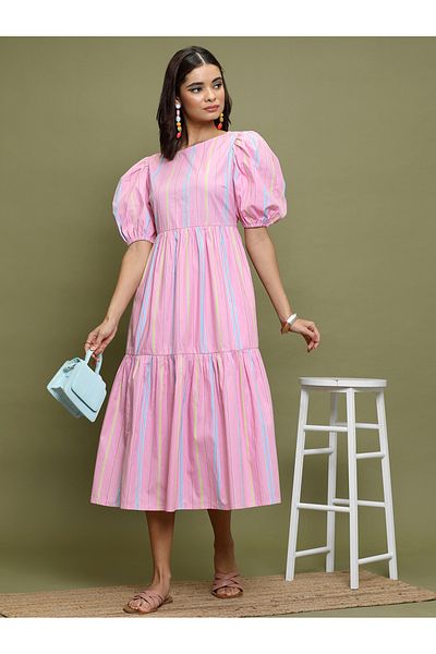 Vishudh By Styli Women Pink Striped Puff Sleeves A-Line Midi Dress