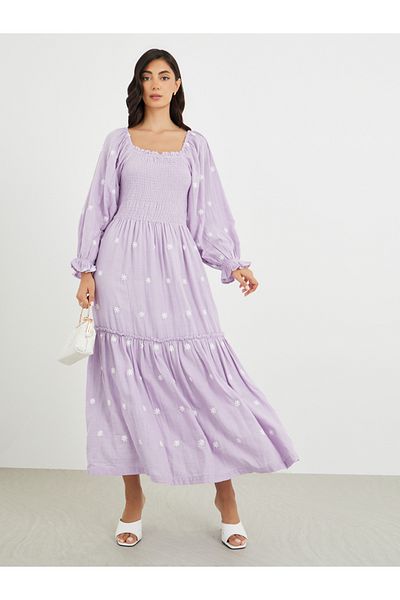 Styli Floral Embroidered Smocked A-Line Midi Dress