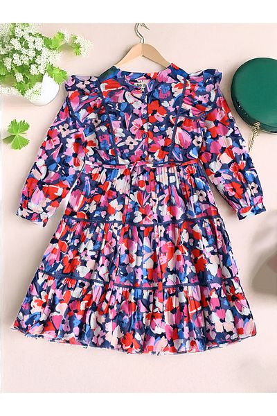 Bella Moda By Styli All-Over Floral Print Ruffle Trim Tiered Dress with 3/4th Sleeves