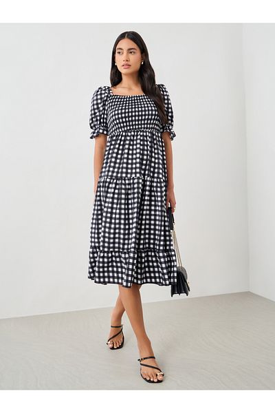 Take Two By Styli Checked Puff Sleeve Knee Length Dress with Smocked Detail