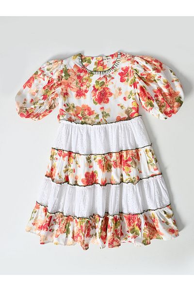Bella Moda By Styli Floral Print Schiffli Tiered Dress with Balloon Sleeves