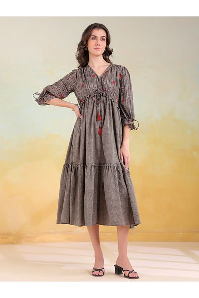 Sanskrutihomes By Styli Grey Printed V Neck Cotton A-Line Midi Dress