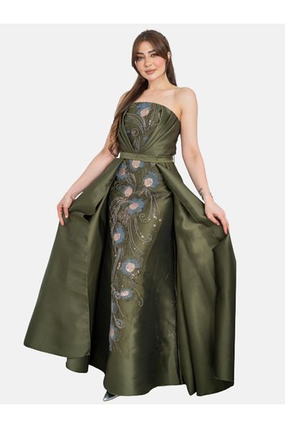 Nice Model Olive Green Wrap Dress with Floral Embroidery | Elegant Taffeta Gown for Weddings & Parties