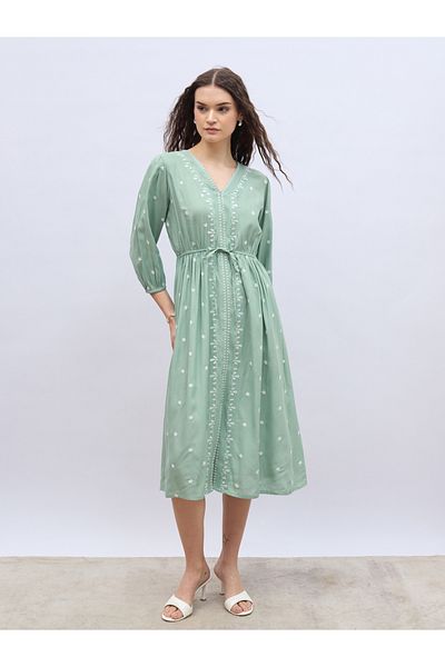 Styli Embroidered Balloon Sleeve A-Line Midi Dress