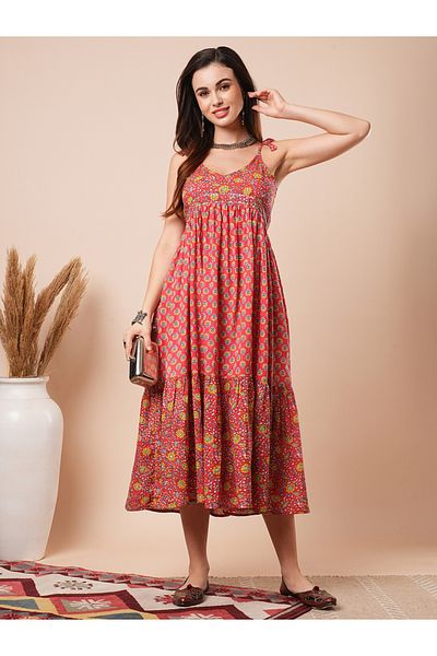 Globus By Styli Women Red Floral Printed Tie Sleeves A-Line Midi Dress