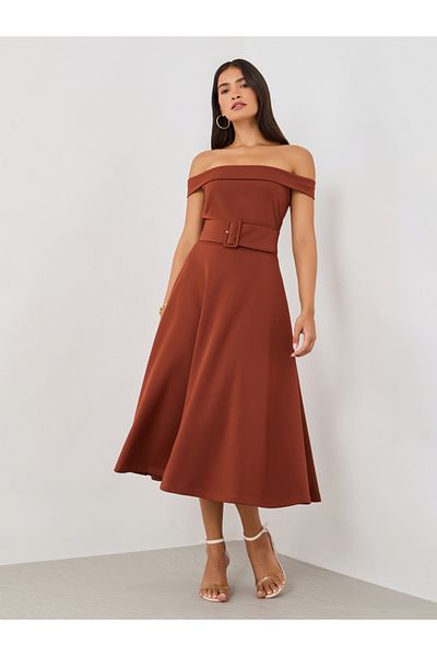 Styli Plain Off Shoulder A-Line Midi Dress with Fabric Belt