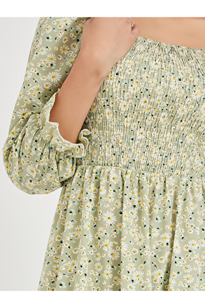 Take Two By Styli Women Green Floral Print Square Neck Smocked A-Line Midi Dress