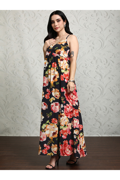 Vishudh By Styli Women Floral Printed Strappy A-Line Maxi Dress with Smocked Back