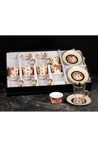 TOHFAT-AL MAIDAH Luxury 18-piece tea and coffee set, golden rose