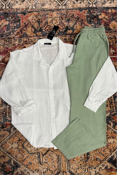 NO 601 Men's White Muslin Linen Blended Shirt & Muslin Green Pant Suit