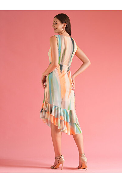 Globus By Styli Women Abstract Print Ruffled Asymmetric Hem Sheath Midi Dress