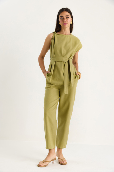 Bianco Lucci Women's Shoulder Knot Detailed Belted Linen Top-Top Set 9369 60281075