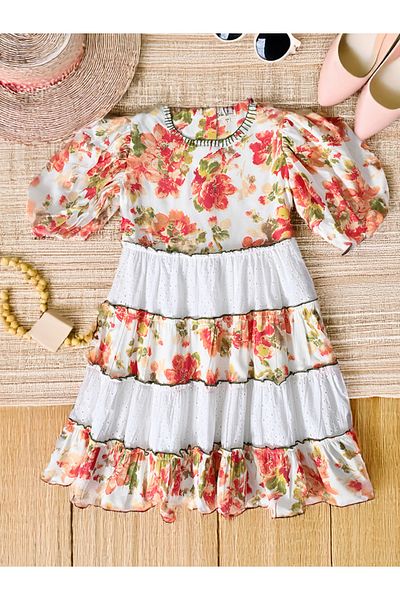 Bella Moda By Styli Floral Print Schiffli Tiered Dress with Balloon Sleeves