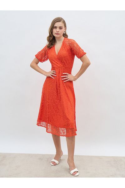 Styli Solid Lace Short Sleeve Wrap Look A-Line Midi Dress