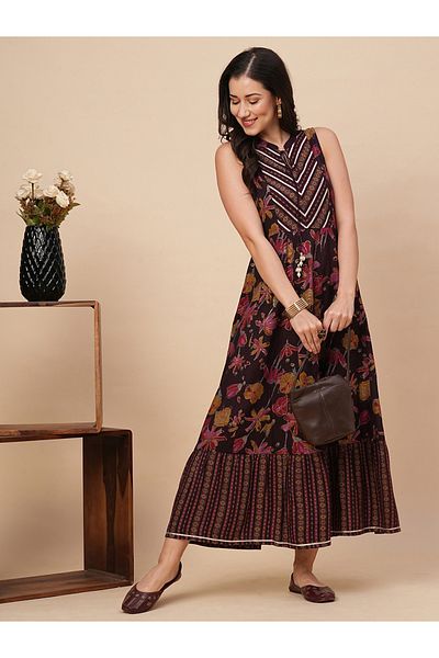 Globus By Styli Women Floral Printed Mandarin Collar A-Line Maxi Dress with Lace Detail