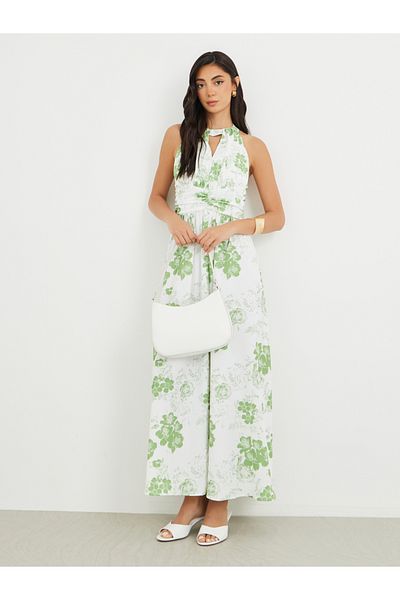 Styli Floral Print Halter Neck A-Line Maxi Dress with Keyhole Detail