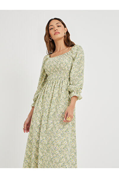 Take Two By Styli Women Green Floral Print Square Neck Smocked A-Line Midi Dress
