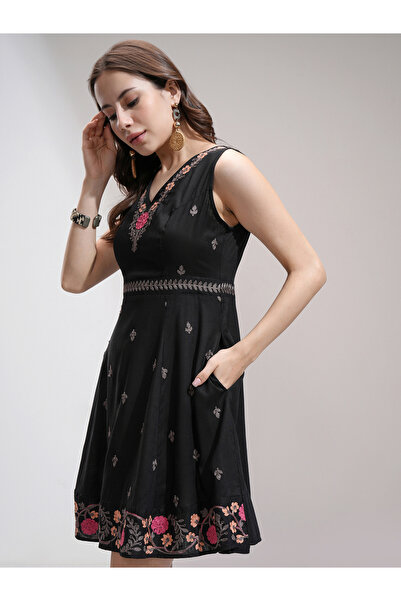 Vishudh By Styli Women Embroidered V Neck A-Line Mini Dress