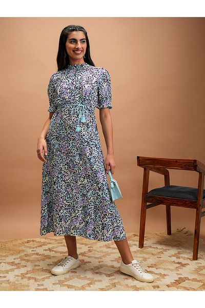 Vishudh By Styli Women Floral Printed Puff Sleeves A-Line Midi Dress