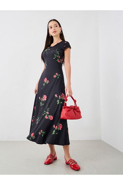 Styli Floral Print Lace Detail Short Sleeve Midi Dress