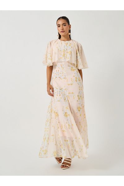 Styli Floral Print Cape Sleeve Maxi Dress