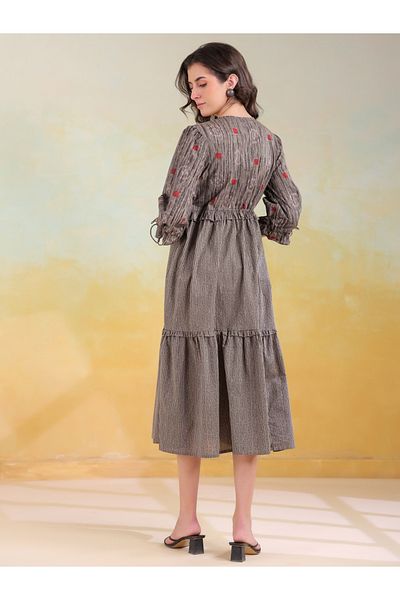 Sanskrutihomes By Styli Grey Printed V Neck Cotton A-Line Midi Dress
