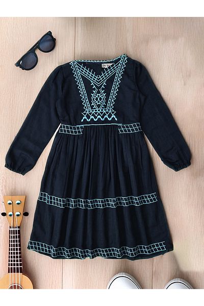 Bella Moda By Styli Embroidered Notch Neck Knee-Length Dress