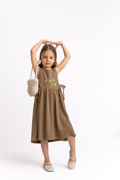 Cigit Embroidered Side Tie Linen Dress 2-7 Years Caramel